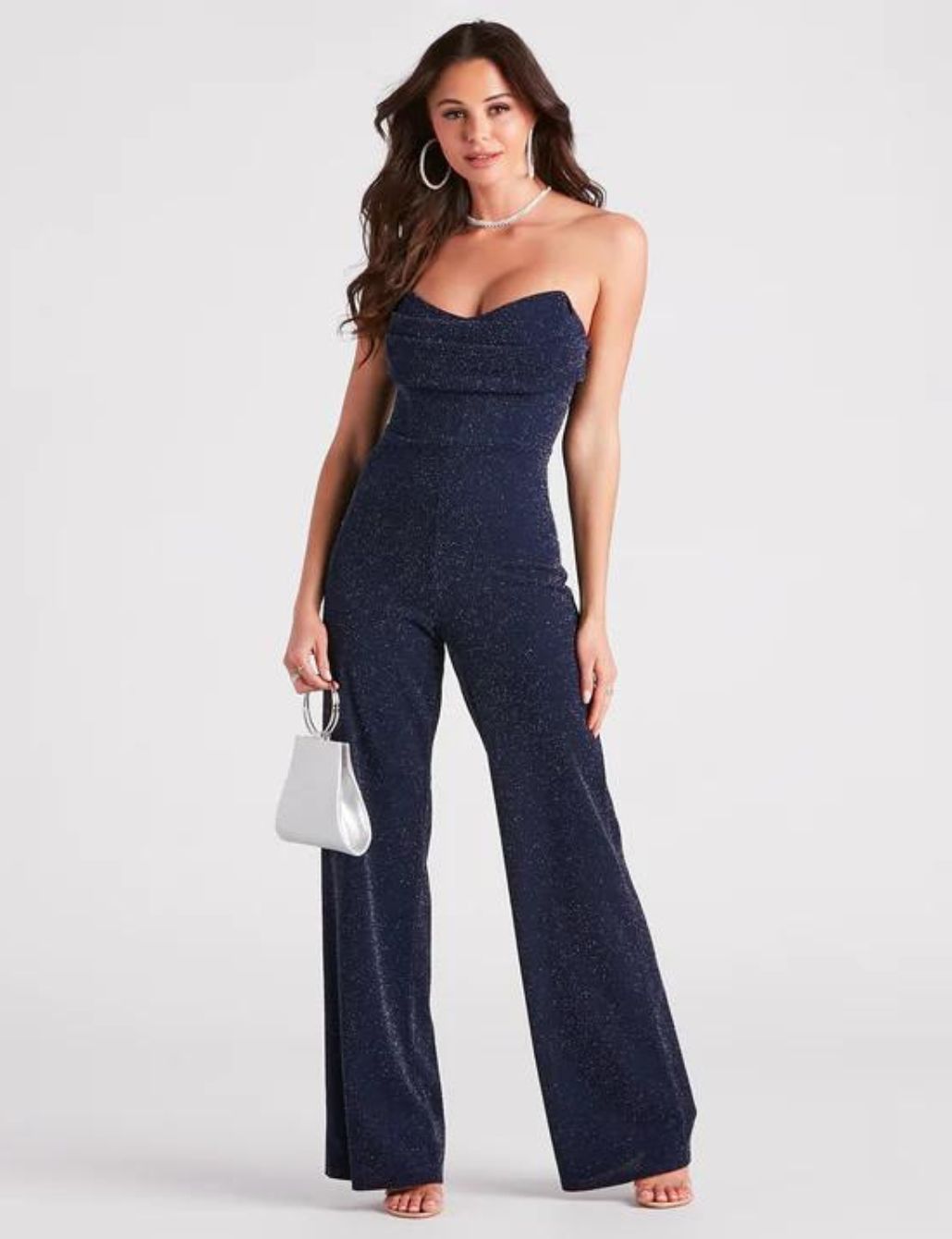 Navy Glitter Strapless Corset Wide-Leg Jumpsuit for a Birthday outfit