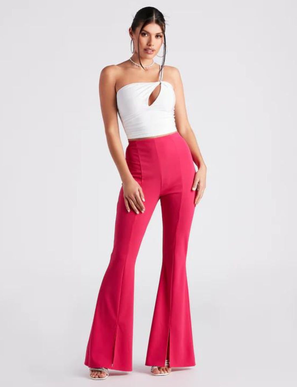 Hot Pink Crepe Flare Pants with White One Should Top For a Summer Birthday Outfit