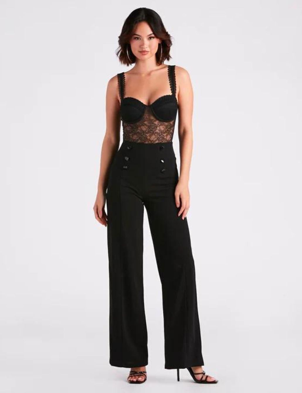 Black Crepe Button Wide-Leg Pants with Lace Corset Top For a Birthday Outfit