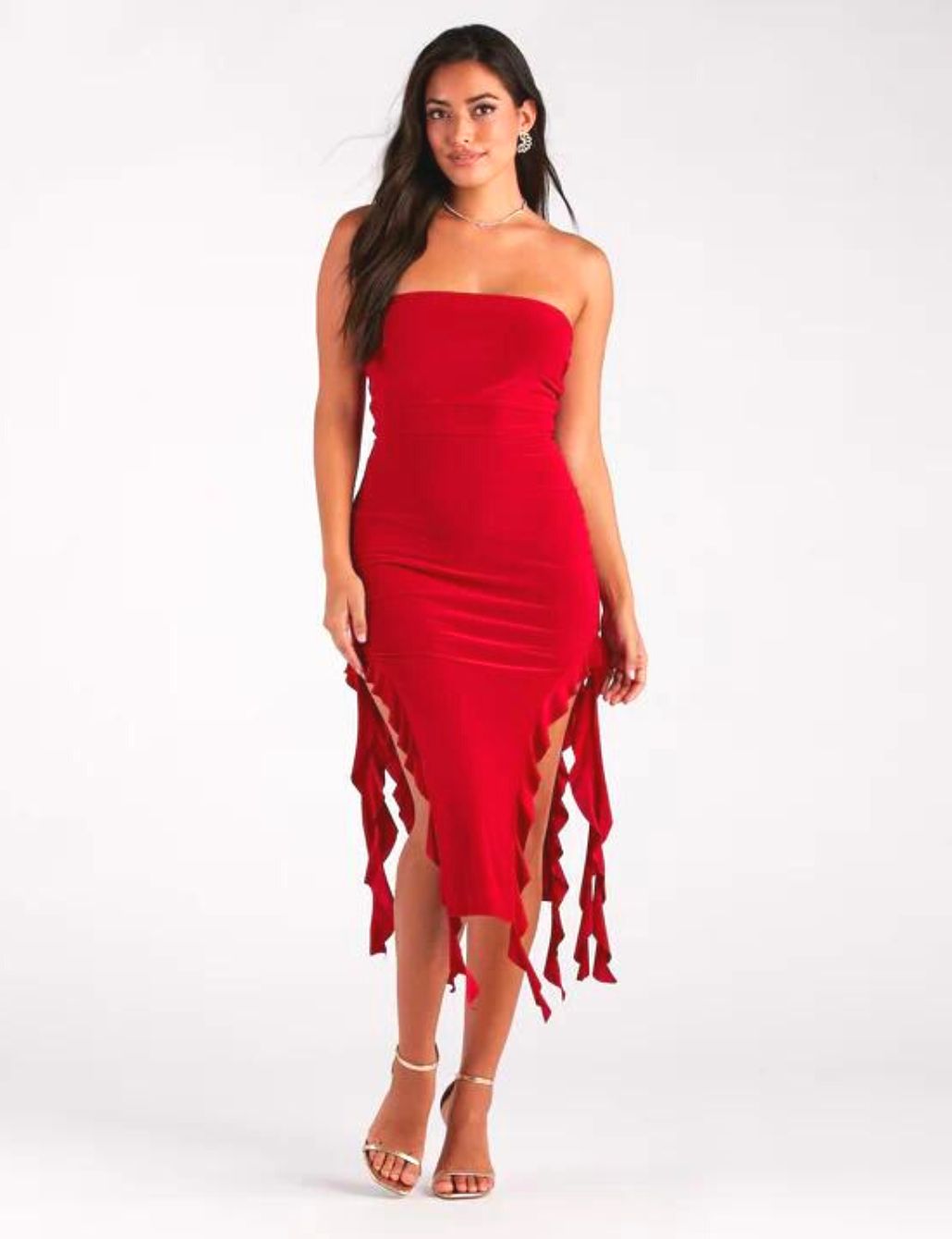 One Shoulder Mesh Ruffle Midi Dress Red - Luxe Midi Dresses and