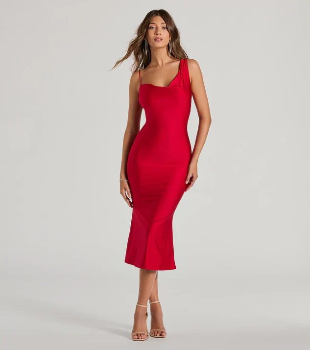 Red Cowl Neck Midi Dress for Summer Date Night Dress