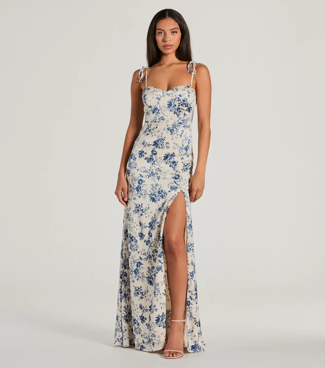 White and Blue Floral Satin Mermaid Dress for a Formal Summer Date night Outfit