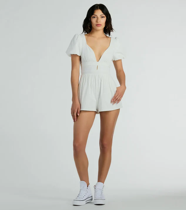 Puff Sleeve White Linen Romper for Summer Date Night Outfit