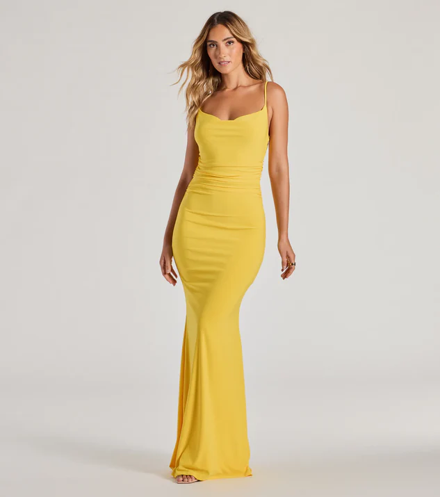 Yellow Cowl Neck Shiny Knit Mermaid Dress for a Formal Summer Date Night Look