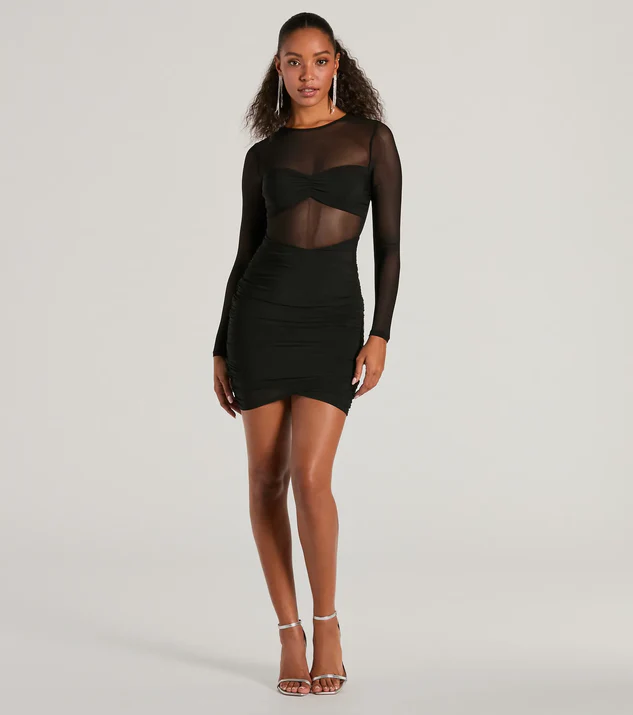 Black Long Sleeve Mesh Bralette Mini Dress with Metallic Heels for Summer Date Night Outfit
