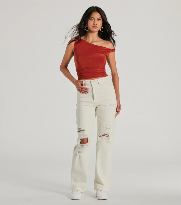One-Shoulder Crop Top with Ivory Cargo Pants for Casual Summer Date Night Outfit