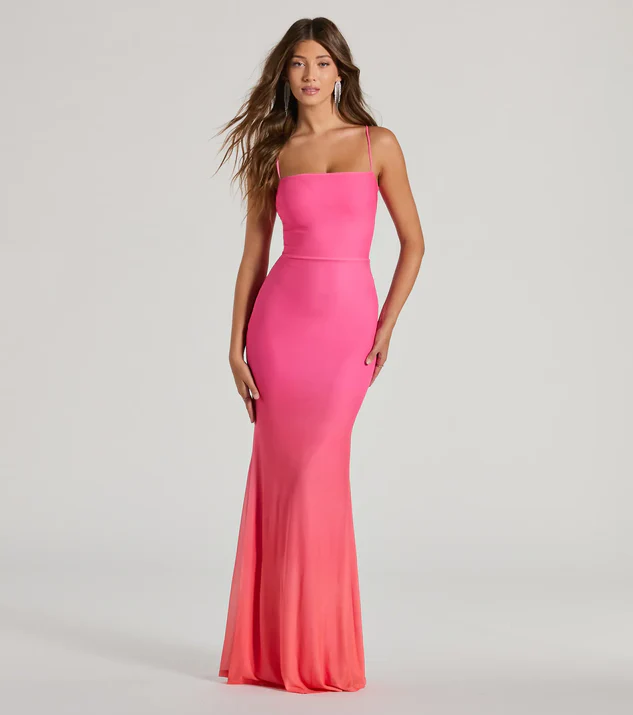 Pink Ombre Mesh Lace-Up Mermaid Dress for a Formal Summer Date Night Look