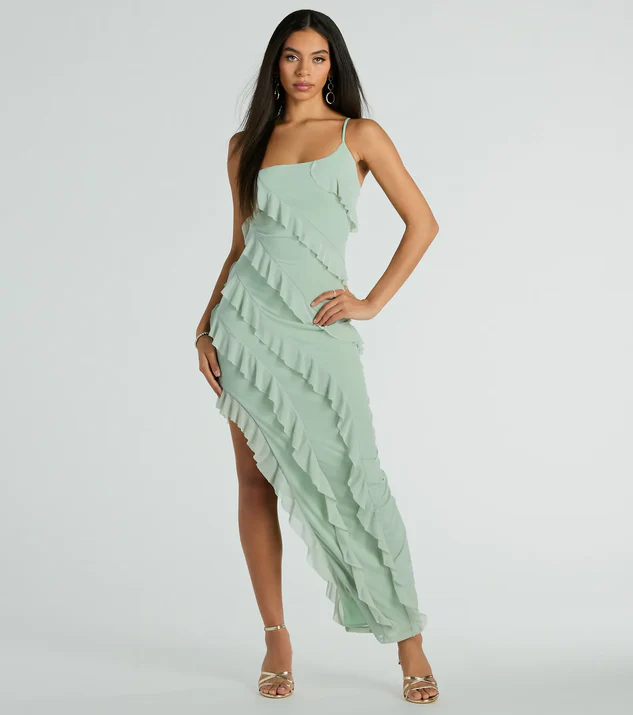 Sage Green One-Shoulder Ruffle Formal Dress for Fomal Summer Date night