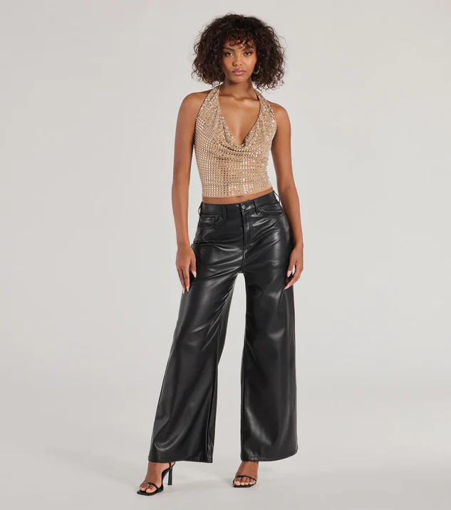 Cropped Rhinestone Halter Top and Faux Leather Pants for 21st birthday outfit