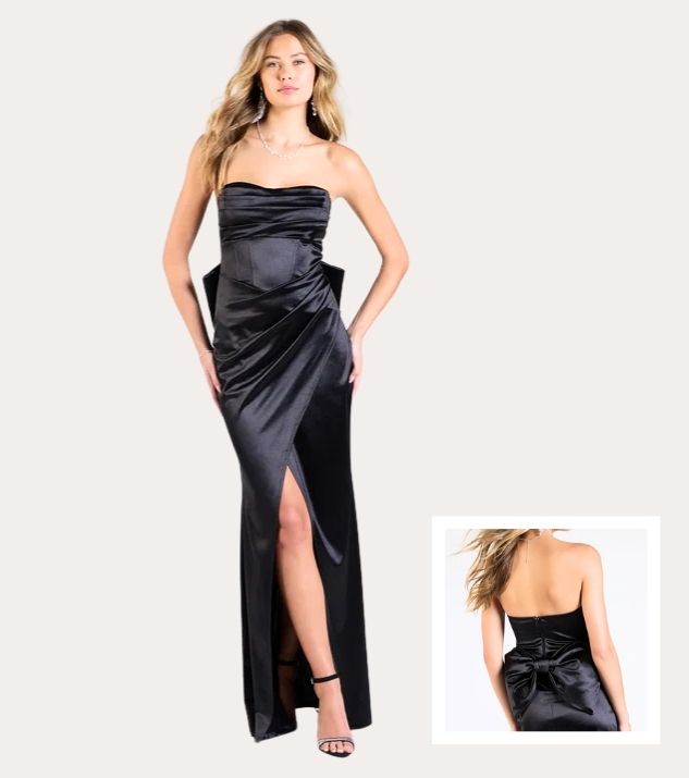 Black Strapless Corset Bow Satin Long Prom Dress