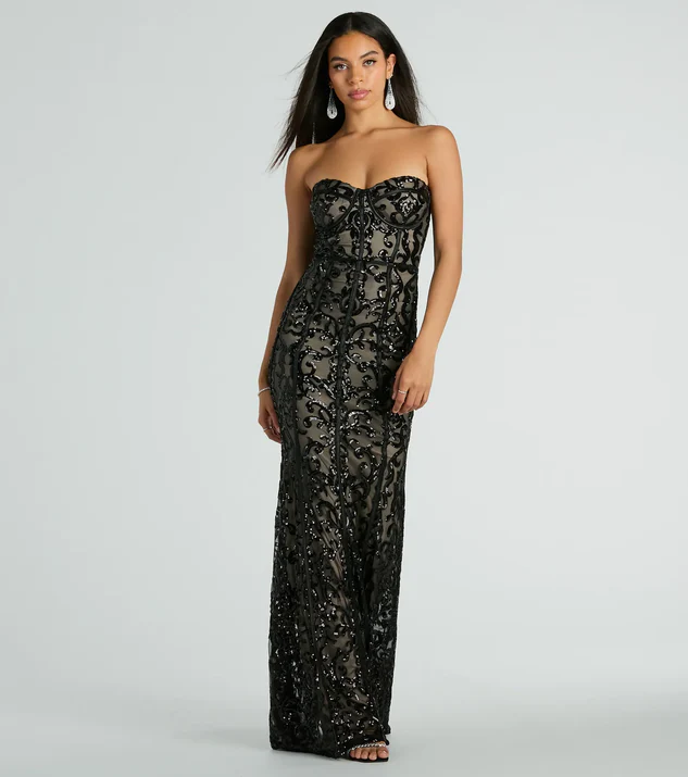 Black Strapless Corset Sequin Column Formal Dress