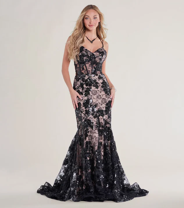 Black Bustier Lace-Up Lace Sequin Mermaid Prom Gown