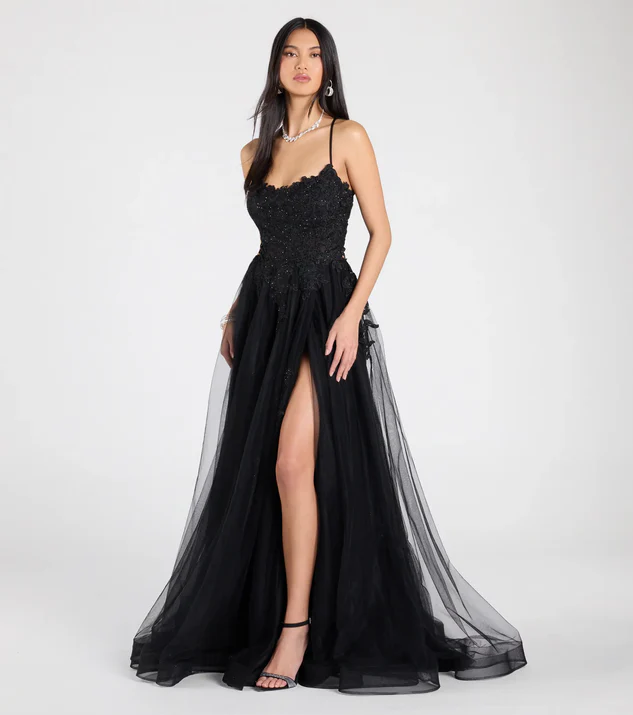 Black Lace-Up Corset A-Line Tulle Prom Dress