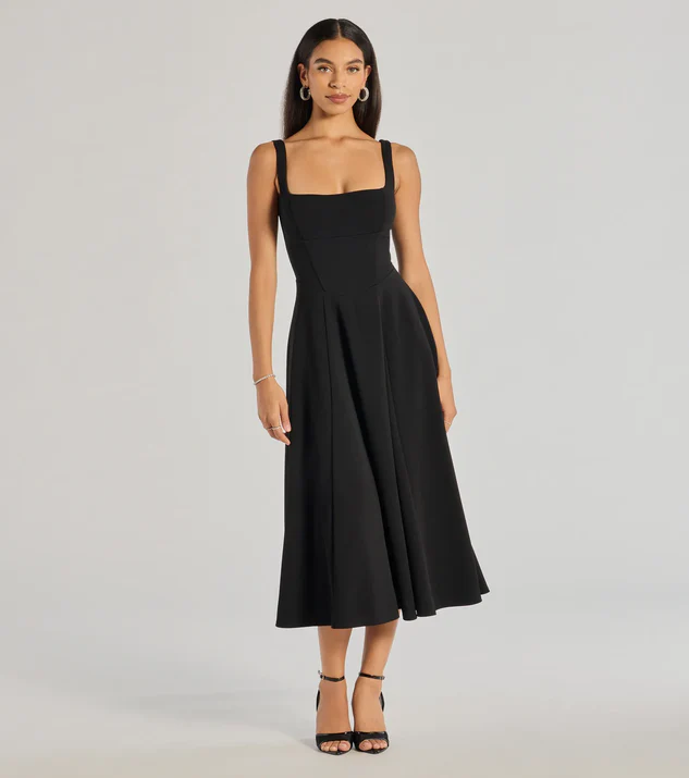 Black Lace-Up Fit And Flare Midi Crepe Dress for a graduation outfit