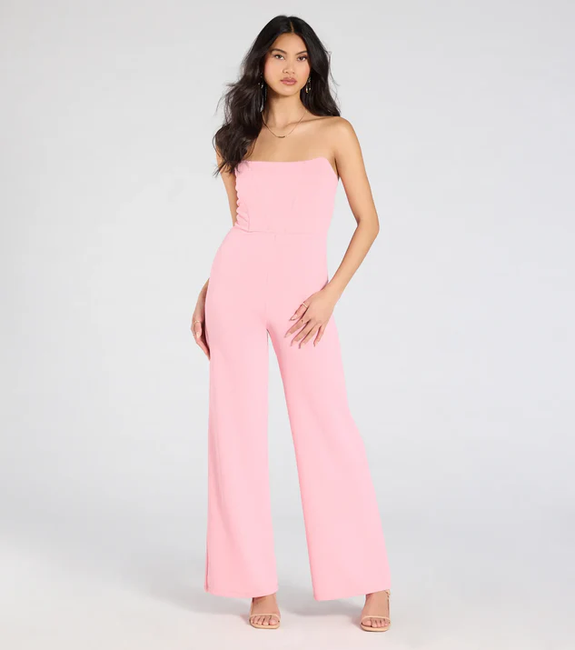 Pink Strapless Corset Wide-Leg Jumpsuit for a Graduation Outfit