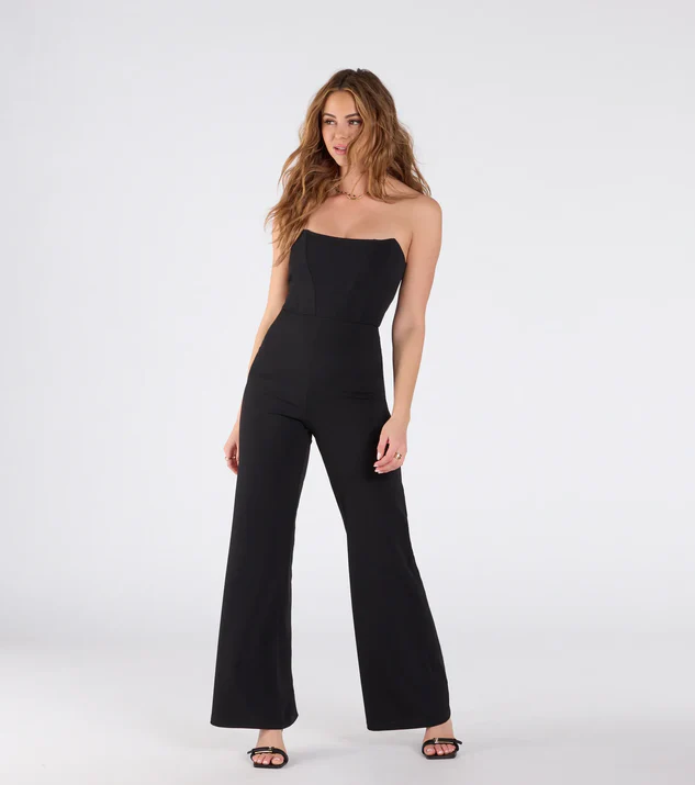 Black Strapless Corset Wide-Leg Jumpsuit for a Graduation Outfit