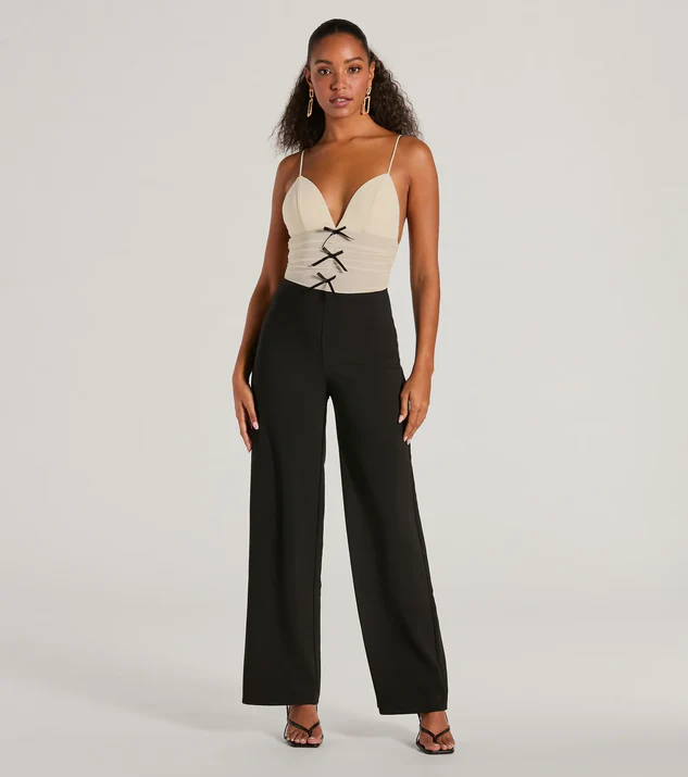 Ivory Lace Top and Black Pant Jumpsuit for a Graduation Outfit
