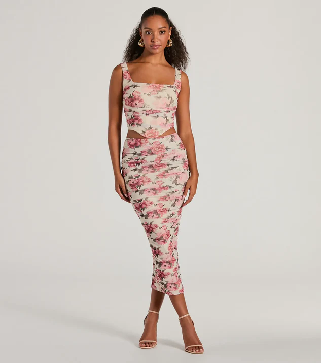 Lace-Up Floral Mesh Bustier and Matching Ruched Maxi Skirt for a Graduation Outfit