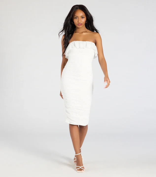 White Strapless Ruffled Lace Midi Dress for a graduation outfit
