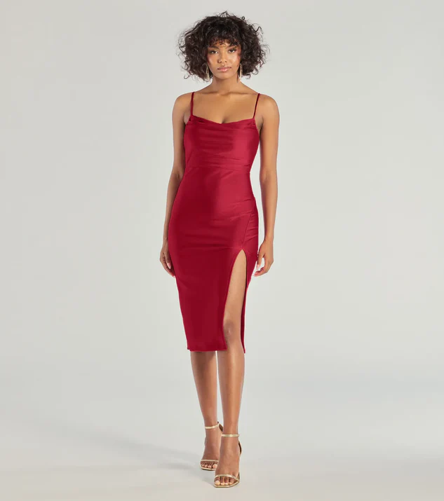 Red Knit Satin High Slit Midi Dress for a graduation outfit