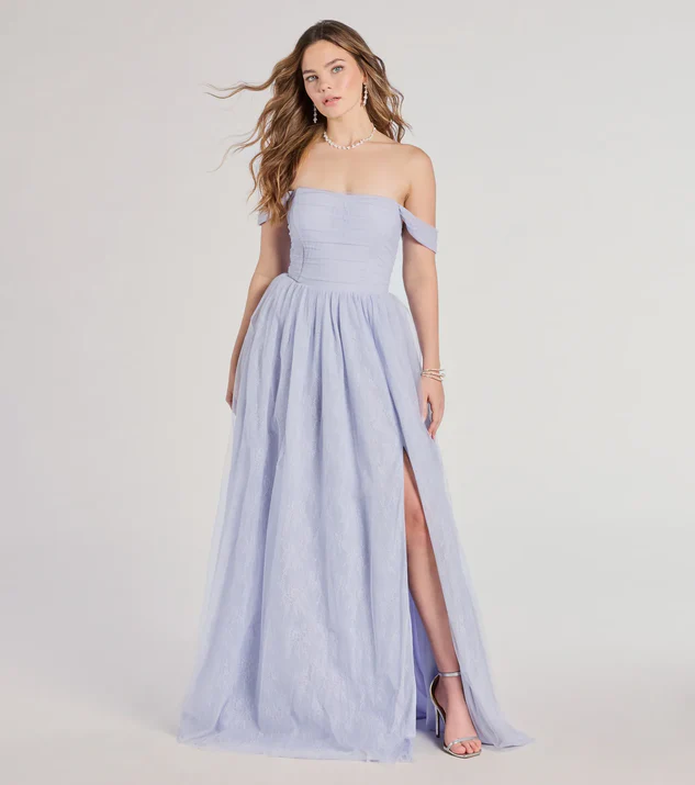 Light Blue Off-The-Shoulder A-Line Lace Gown for a countryside wedding.