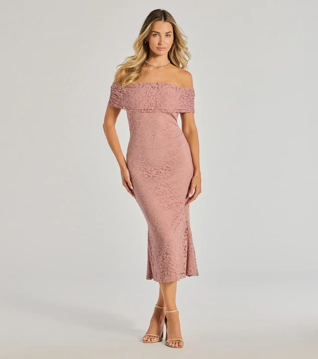 Mauve Lace Off-The-Shoulder Midi Dress for Country wedding