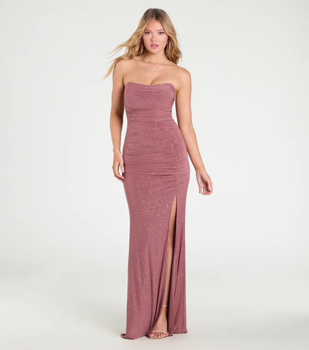 Mauve Glitter Strapless Long Formal Dress for a Country wedding