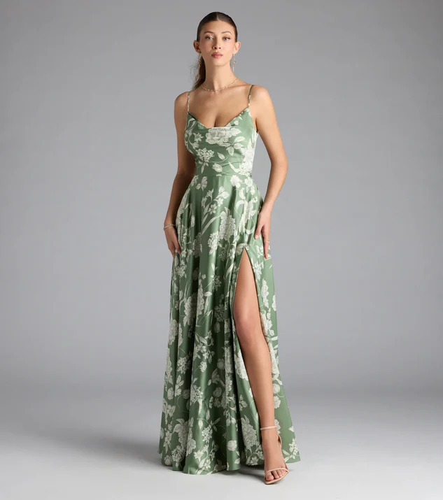 Sage Green Satin Floral Lace-Up A-Line Formal Maxi for country wedding