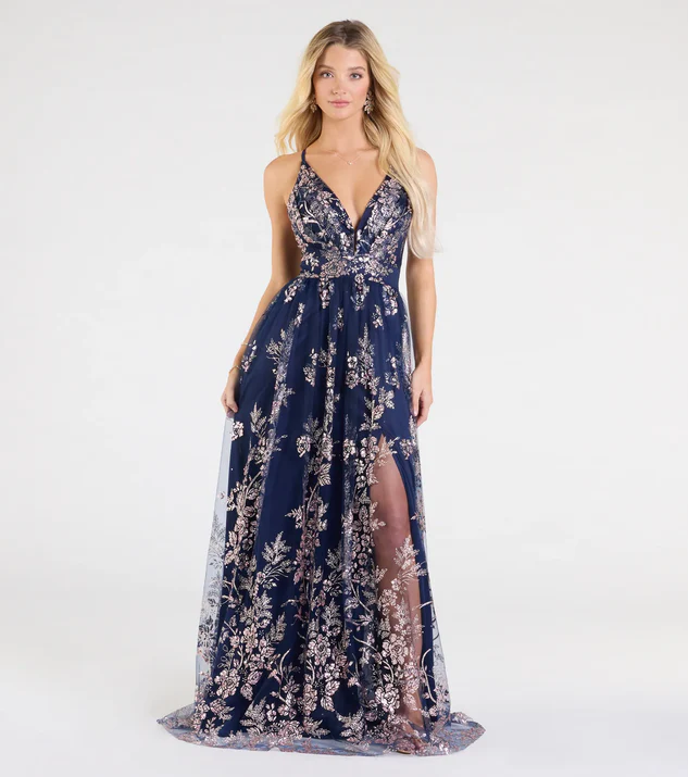 Navy Glitter Sequin Tulle V-Neck Formal Maxi Dress for a country wedding