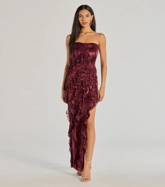 Burgundy Floral Strapless Ruffled Column Dress for country wedding