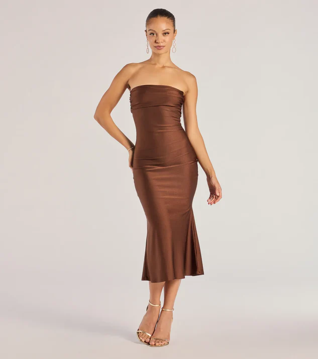 Brown Satin Knit Fit and flare Midi Dress for Countryside Weddings
