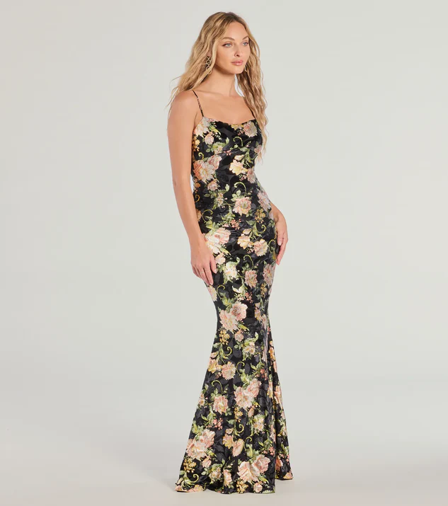 Black Floral Velvet Burnout Lace-up Mermaid Dress for country wedding