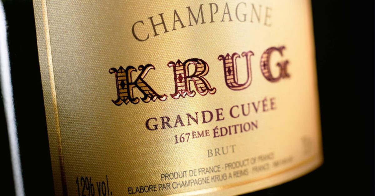 Krug Grande Cuvée香檳酒標特寫，展示品牌標誌與版本信息，象徵頂級香檳品質與經典風格。