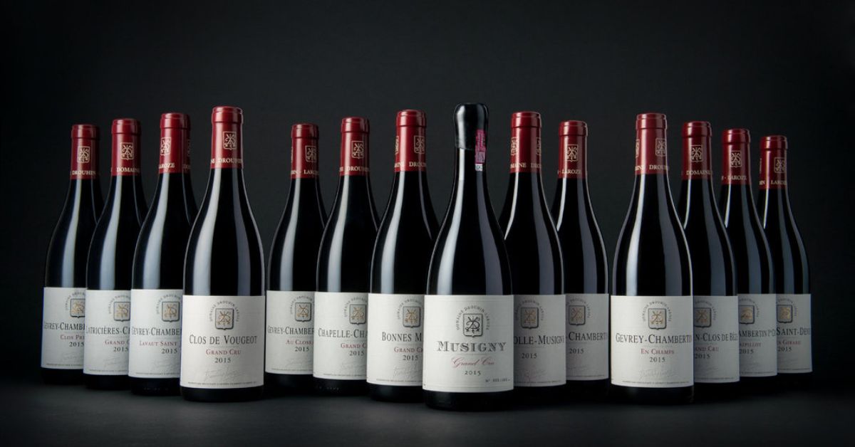 Drouhin-Laroze 杜亨-拉侯酒莊所有精選酒款合照，包含 Musigny、Chambertin Clos de Bèze、Bonnes-Mares、Clos de Vougeot、Latricières-Chambertin、Chapelle-Chambertin 等布根地特級園與一級園紅酒，展現酒莊經典風格與多樣風土