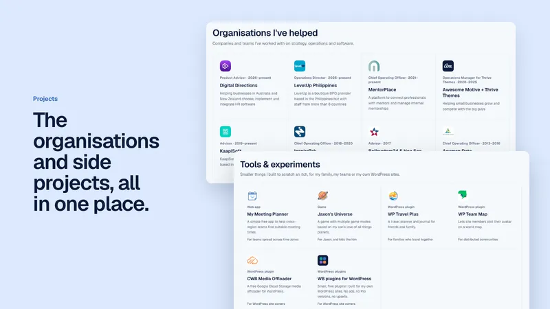 The Projects page: a grid of organisations I’ve helped with my role and years, and a Tools & experiments section of web apps, a game and WordPress plugins