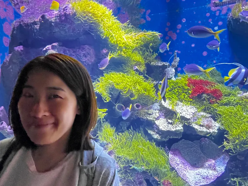 A woman in front of a colourful reef tank