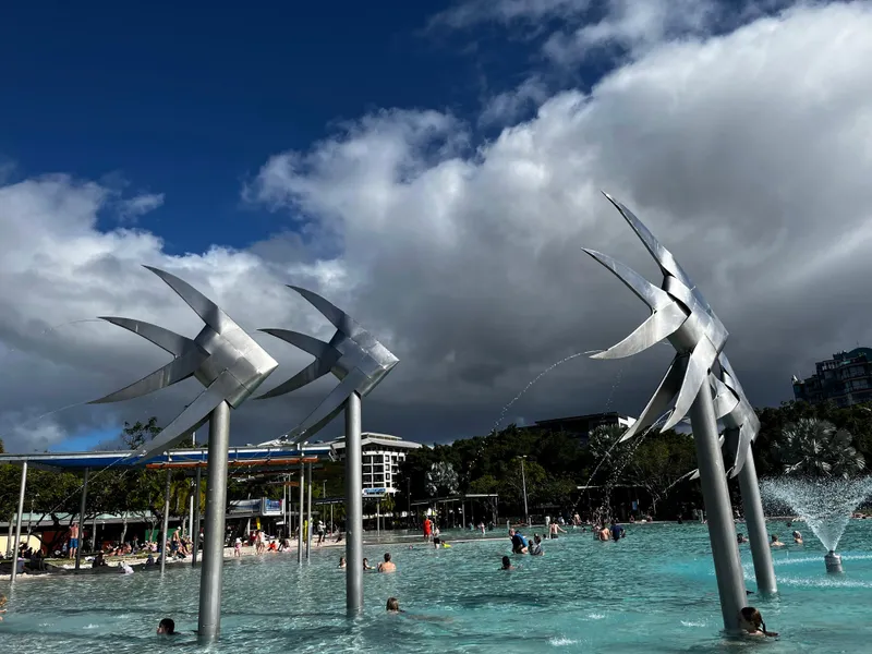 The metal fish sculptures and fountain in the Cairns Esplanade lagoon