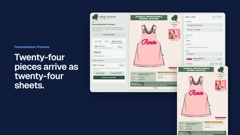 Personalisation Previews for a 24-piece order, beside the line “Twenty-four pieces arrive as twenty-four sheets.”