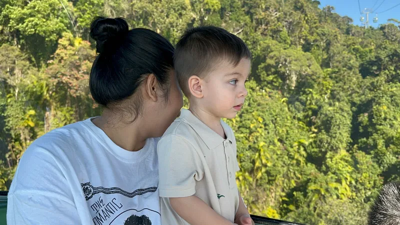 The woman and the toddler looking out over the forest