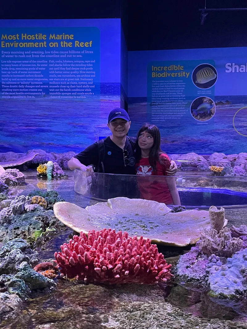 A man and a girl behind a touch pool of coral