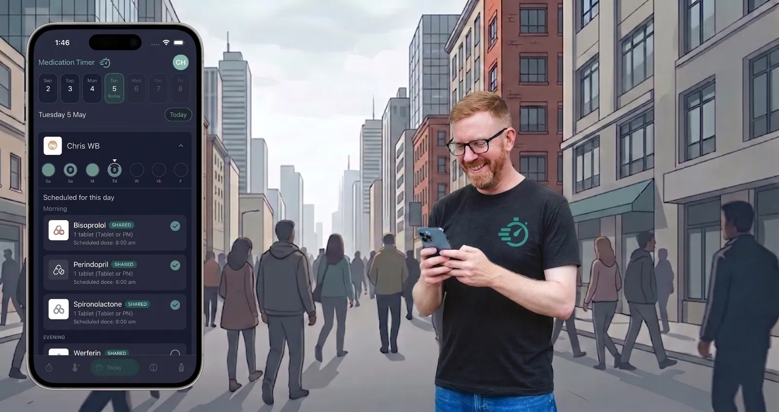 Illustration of Chris smiling at his phone on a busy city street, next to a Medication Timer screen