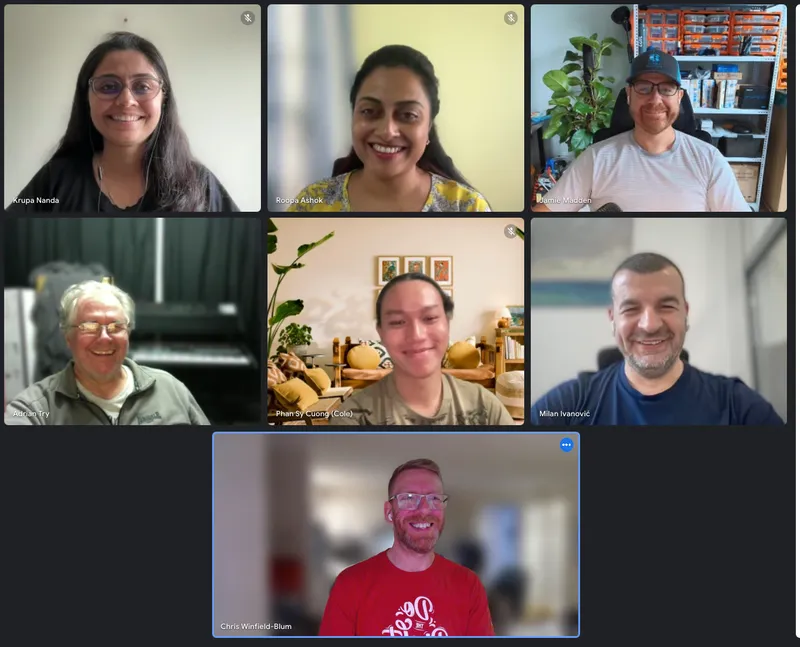 A video call with seven people at a virtual coffee event