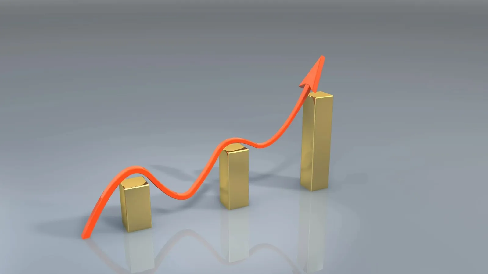 A rising orange arrow over gold bars, like a growth chart