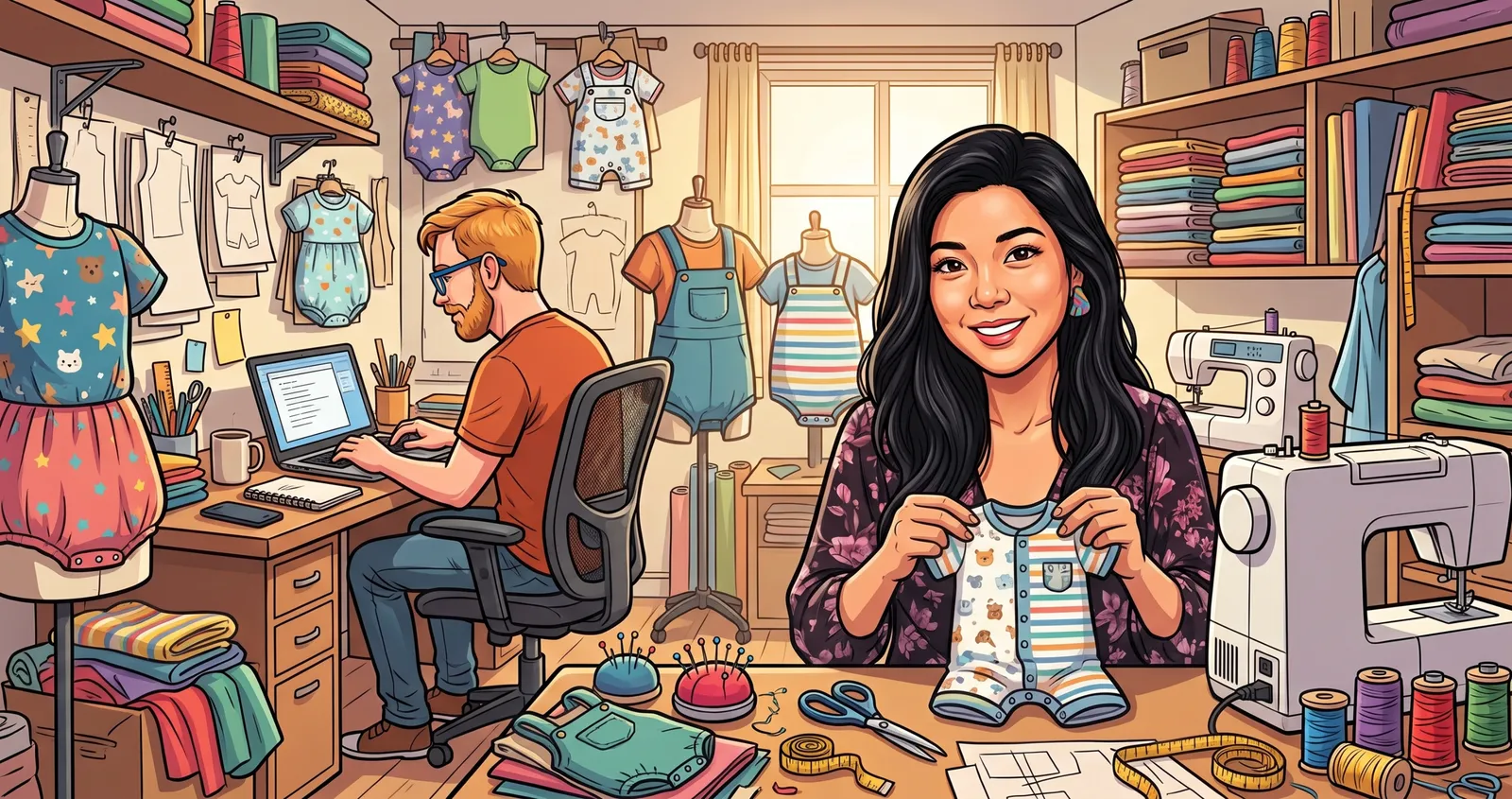 Illustration of Ericka holding a baby romper in a sewing room, with Chris working at a laptop beside her