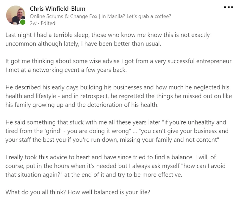Chris’s LinkedIn post about an entrepreneur who regretted neglecting his health and family for his business