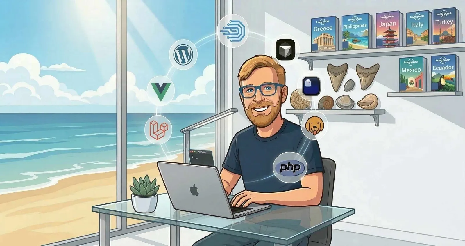 Illustration of Chris coding on a MacBook by a beach window, surrounded by developer tool logos and travel guides
