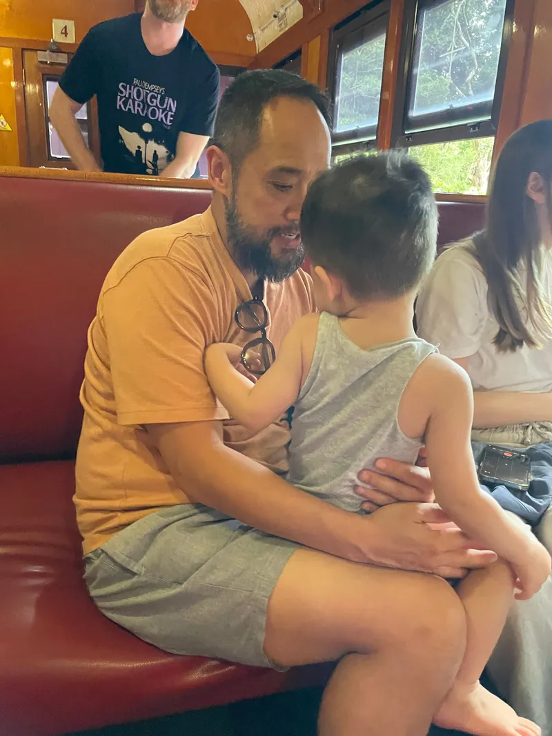 A man with a toddler on his lap on the train