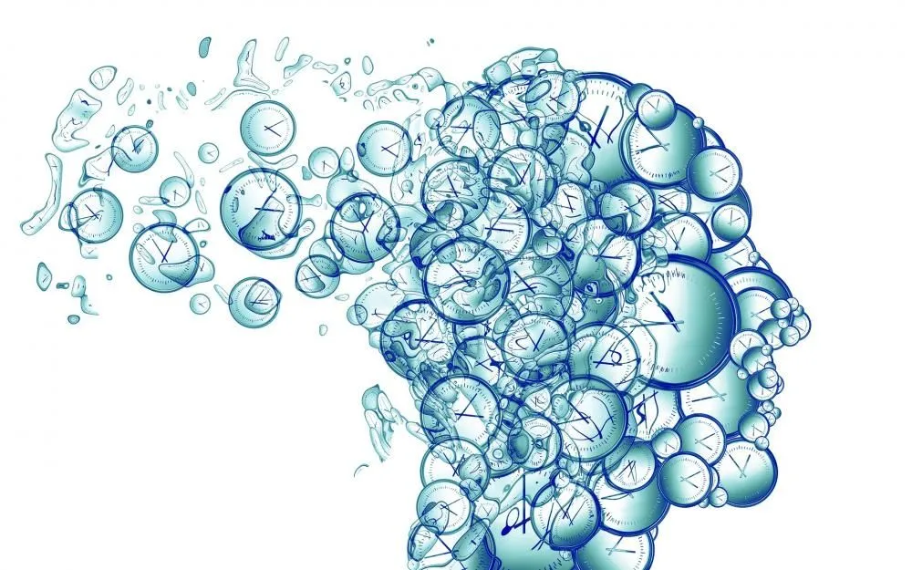 Illustration of a head made of clocks and gears
