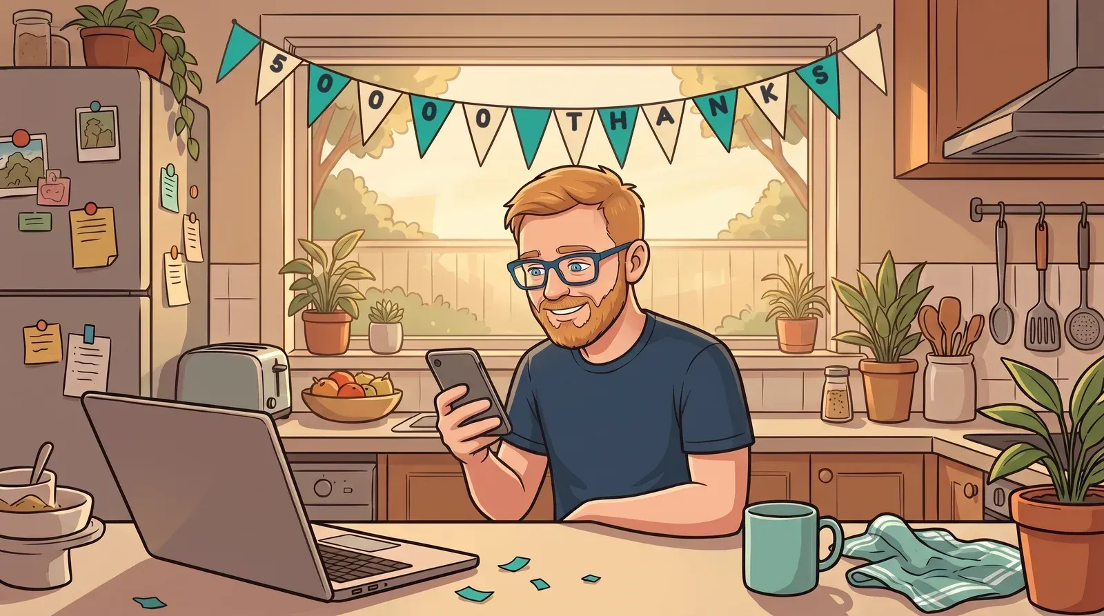 Illustration of Chris smiling at his phone at the kitchen bench at home in Adelaide, under bunting that reads 50000 THANKS