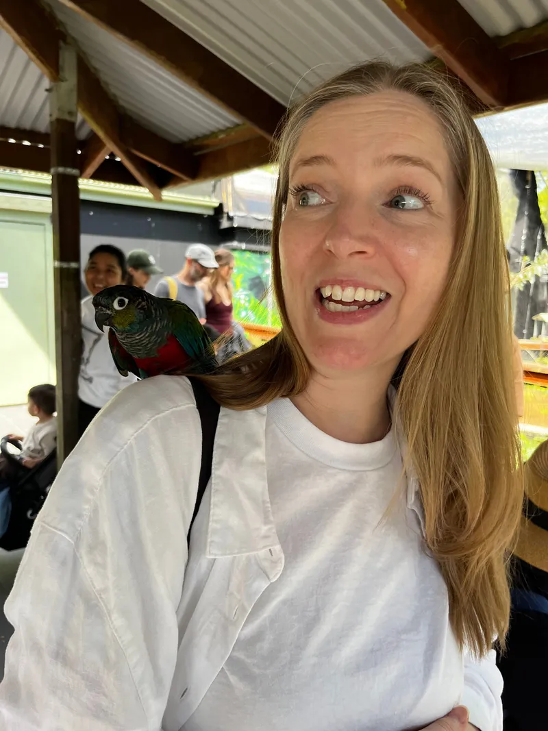 A woman laughing as a parrot sits on her shoulder